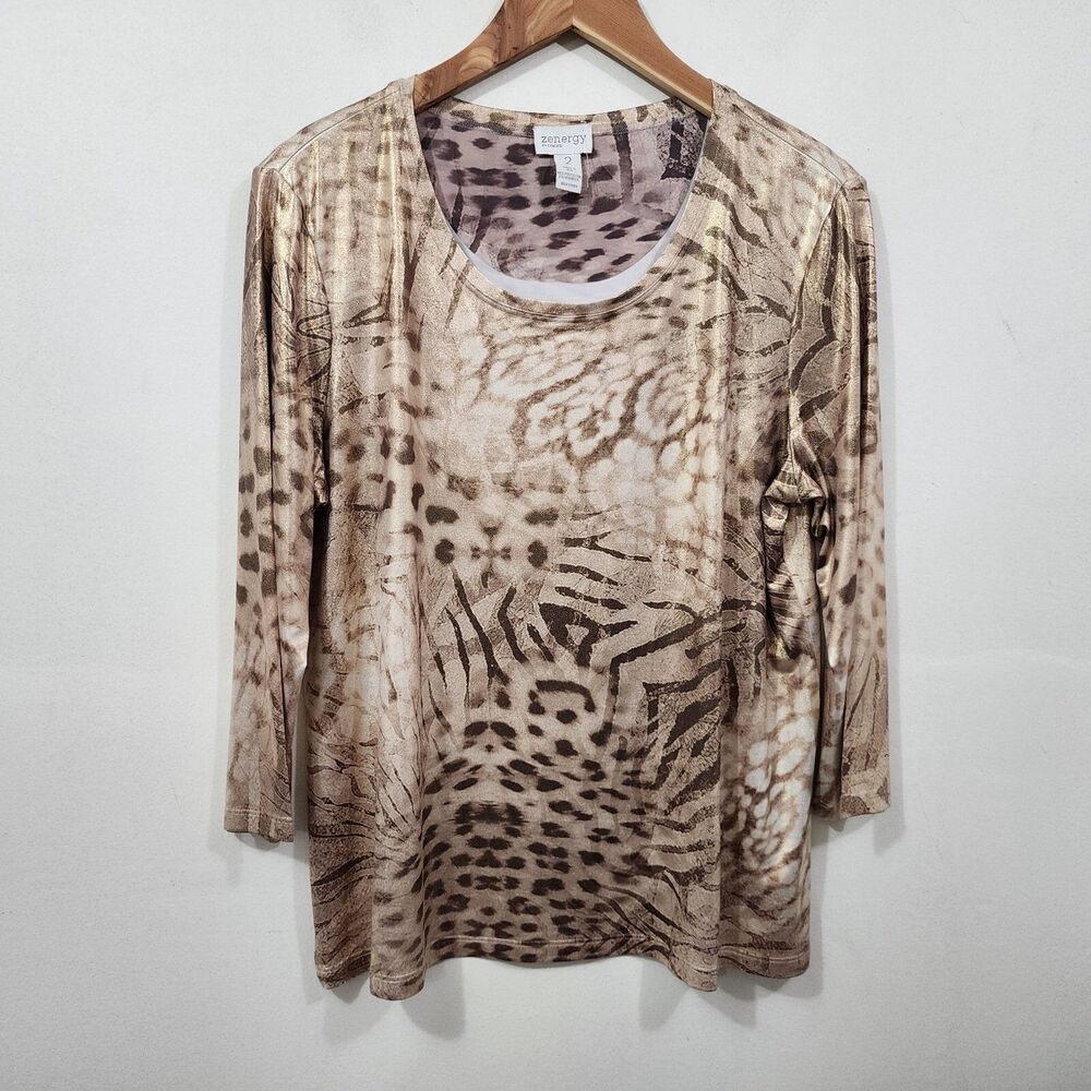 Chicos Zenergy Slinky Top Blouse Gold Animal Print Scoop Neck Stretch Size 2 L